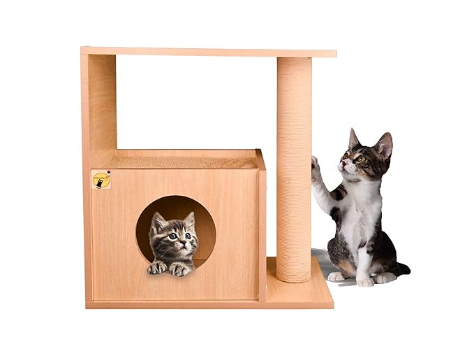 Cat Tree House with Scratching Post, Convertible Bedside Table, Medium, Beige