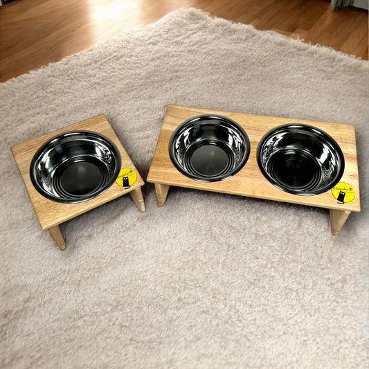 Premium Pet Feeding Bowls, Rubber Wood Stand - 1+2 Bowls Combo 500ml each