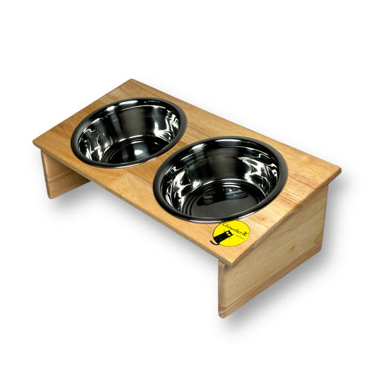 Premium Pet Feeding Bowls, Rubber Wood Stand - Double Bowls 2x500ml