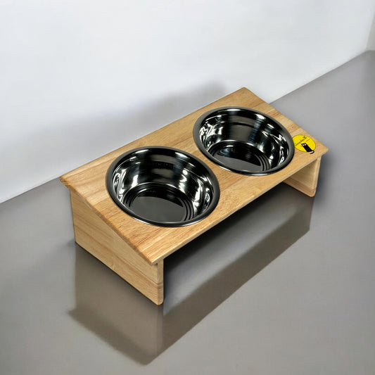 Premium Pet Feeding Bowls, Rubber Wood Stand - Double Bowls 2x500ml
