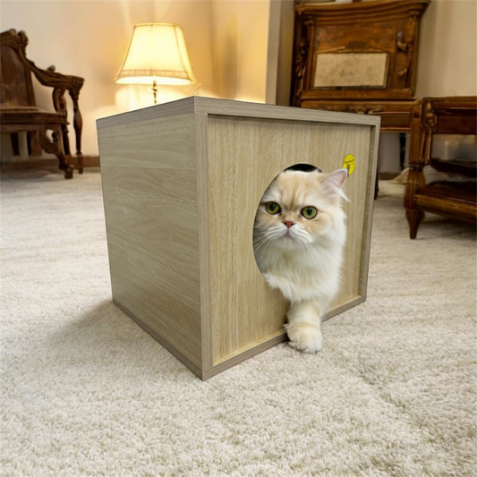 Wooden Mini Cat House | Cozy Enclosed Cat Bed & Hideout | Modern Cube Design