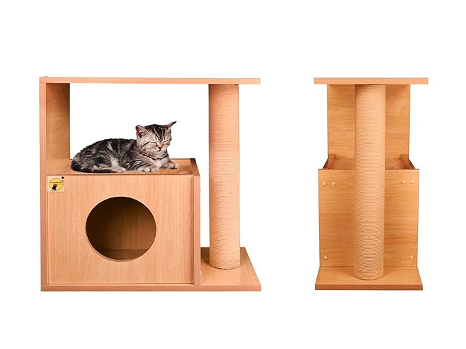 Cat Tree House with Scratching Post, Convertible Bedside Table, Medium, Beige