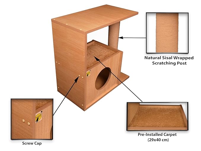 Cat Tree House with Scratching Post, Convertible Bedside Table, Medium, Beige